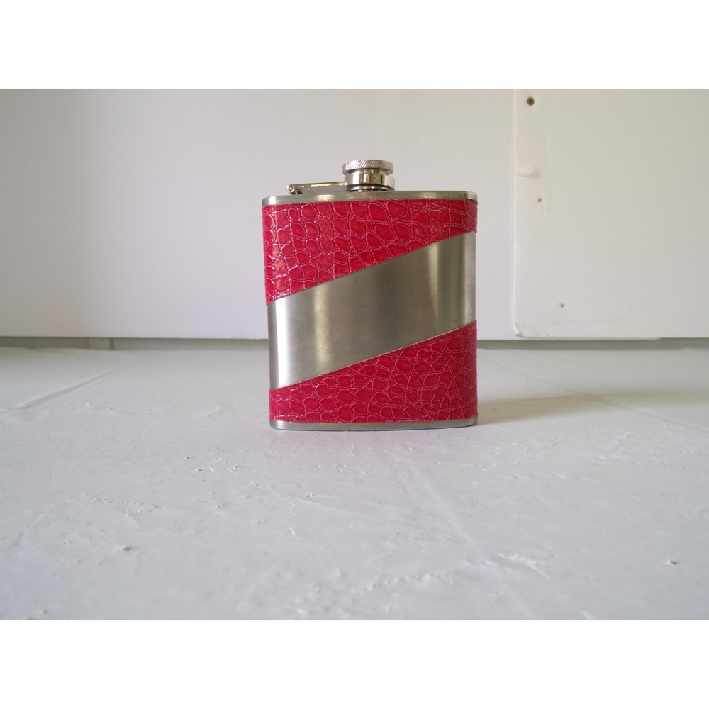 Pink Diagonal Faux Snake Skin Wrap on a Stainless Steel 6 oz Flask Vintage Y2K